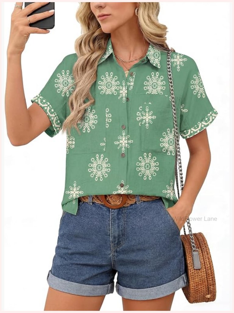 Short Sleeve Button Down Blouse For Women Business Casual Summer Shirt With